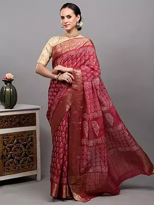 Baroque-Rose Dola Silk Saree with Dabu Block Printed Motifs and Zari Woven Paisley-Floral Border