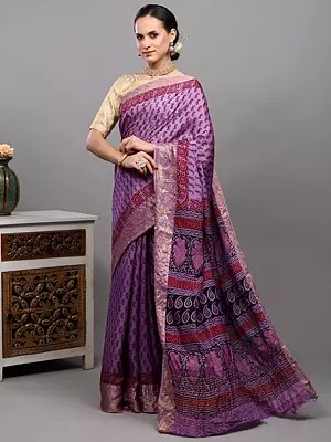 Regal-Orchid Dola Silk Saree with Printed Paisleys on All-over and Zari work Floral Vine Border