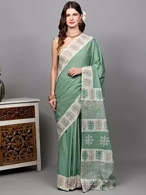 Batik Dyed Printed Pure Cotton Saree with Stripe Border from Gujarat