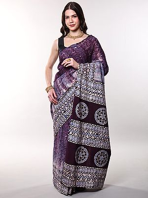Batik Dyed Printed Pure Cotton Saree with Stripe Border from Gujarat