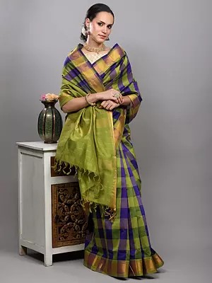 Blue and Green Buffalo Check woven Saree with Zari Thread Stripe Border from Bangalore