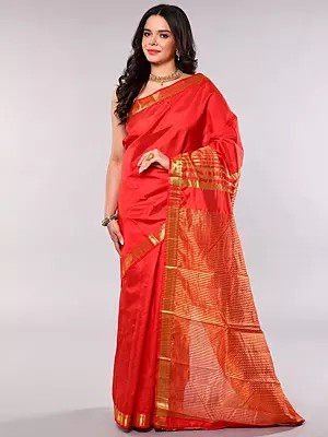 Tussar Silk Saree with Temple Border with Golden Thread woven Stripes on Anchal