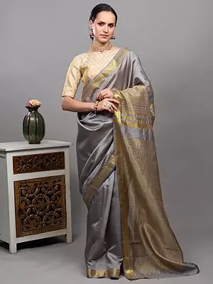Neutral-Gray Tussar Silk Saree with Temple Border with Golden Thread woven Stripes on Anchal