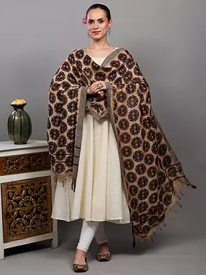 Novelle-Peach Kalamkari Prayer Stole with Printed Lord Jagannath Ji Face
