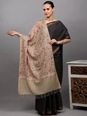 Wool Stole from Amritsar with Intricate Sozni Embroidered Floral Vines on All-Over