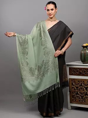 Wool Stole with Aari Embroidered Floral Border and Stone Work