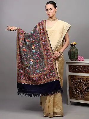 Patriot-Blue Pure Wool Kashmiri Shawl with Aari Hand-Embroidery of Birds on Tree Branches