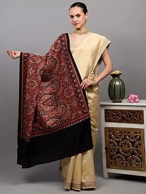 Pure Wool Shawl from Amritsar with Multicolor Thread Dense Embroidered Flowers and Paisleys