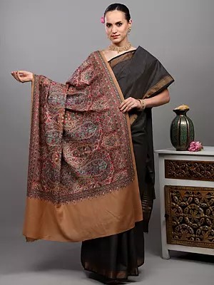 Pure Wool Shawl from Amritsar with Multicolor Thread Dense Embroidered Flowers and Paisleys
