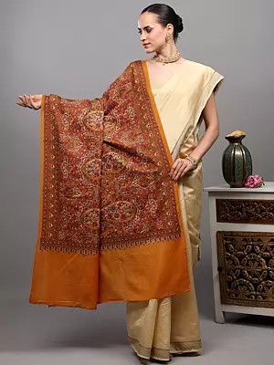 Pure Wool Shawl from Amritsar with Multicolor Thread Dense Embroidered Flowers and Paisleys