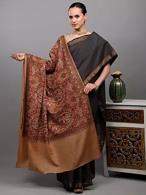 Pure Wool Shawl from Amritsar with Multicolor Thread Dense Embroidered Flowers and Paisleys