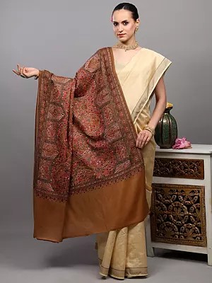 Pure Wool Shawl from Amritsar with Multicolor Thread Dense Embroidered Flowers and Paisleys