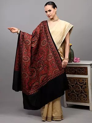 Pure Wool Shawl from Amritsar with Multicolor Thread Dense Embroidered Flowers and Paisleys