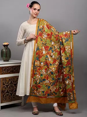 Golden-Yellow Pure Silk Dupatta from Bengal with Kantha Embroidered Perched Birds on Floral Vines by Hand