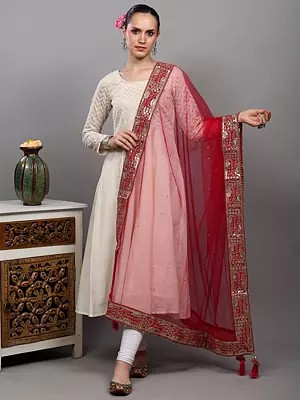 Sada Saubhagyawati Bhav Bridal Wedding Dupatta with Heavy Zari-Sequins Embroidered Border and Latkan