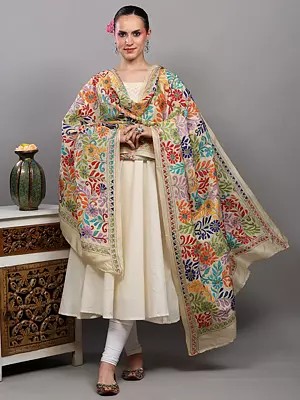 Vanilla-Custard Pure Silk Kantha Dupatta with Hand-Embroidered Sunflowers from Bengal