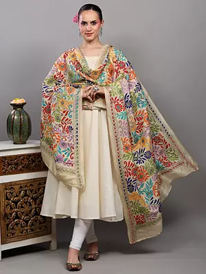 Vanilla-Custard Pure Silk Kantha Dupatta with Hand-Embroidered Sunflowers from Bengal