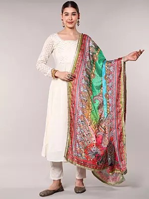 Printed Art Silk Dupatta with Bead-Mirror work and Lace Border from Amritsar