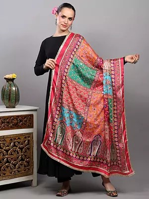 Multicolor Floral Printed Art Silk Dupatta with Bead-Mirror work and Lace Border from Amritsar
