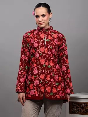 Rumba-Red Short Jacket from Kashmir with Aari Embroidered Maple Leaf Vines