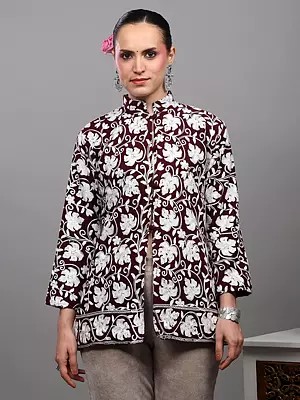 Kashmiri Short Jacket with Aari Embroidered Maple Leaves on All-over