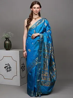 Swedish-Blue Pure Silk Baluchari Saree from Bengal Depicting Mythological Episodes