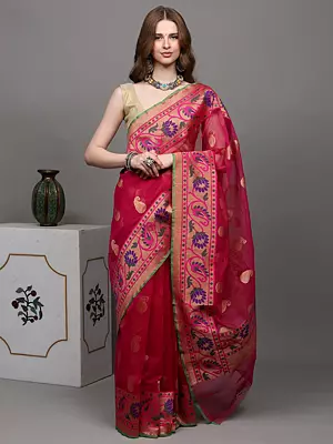 Lilac-Rose Banarasi Saree with Golden Thread Woven Paisleys and Wide Border