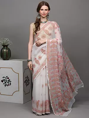 Egret-White Georgette Saree from Lucknow with Chikan Embroidered Paisleys by Hand