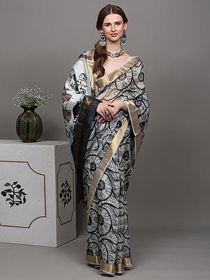 White and Black Digital-Printed Saree from Purvanchal with Krishna and Gopis on Aanchal