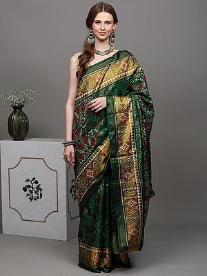 Foliage-Green Pure Silk Paan Patola Handloom Saree from Patan with Ikat Weave