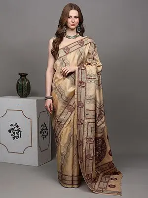 Almond-Buff Saree from Kolkata with Kantha Hand-Embroidered Paisleys and Giant Mandala
