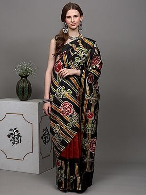 Caramel and Black Handloom Batik Saree from Madhya Pradesh with Printed Roses