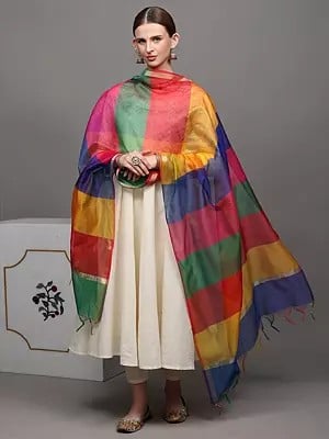 Multi-Color Rainbow Chanderi Dupatta with Golden Thread Weave