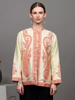 Cream Short Jacket from Kashmir with Large Embroidered Paisleys by Hand