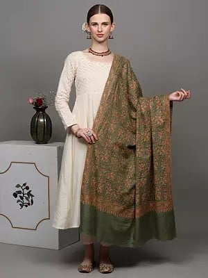 Mineral-Green Pure Pashmina Shawl from Kashmir with All-Over Sozni Embroidered Paisleys by Hand