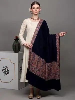 Midnight-Blue Pure Hand-woven Pashmina Shawl from Kashmir with Sozni Embroidery