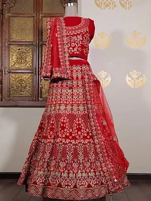 Velvet Cord Embroidery With Beads & Stones Work Bridal Lehenga Choli And Net Tassels Dupatta