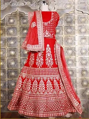 Velvet Thread, Zari And Cord Embroidery Work Bridal Lehenga Choli And Net Tassels Dupatta