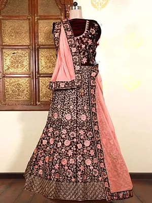 Velvet Resham And Zari Embroidery Work Bridal Lehenga Choli And Net Tassels Dupatta