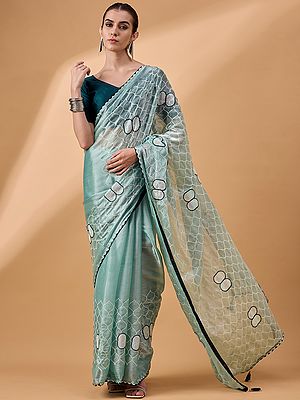 Organza Checked Embroidered Designer Saree With Blouse & Tassels Pallu