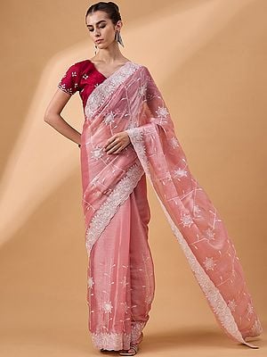 Organza Geometric Embroidered Border Designer Saree With Blouse