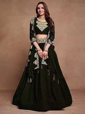 Rifle-Green Georgette Thread & Sequins Embroidery Work Designer Party Wear Lehenga Choli And Tassels Dupatta