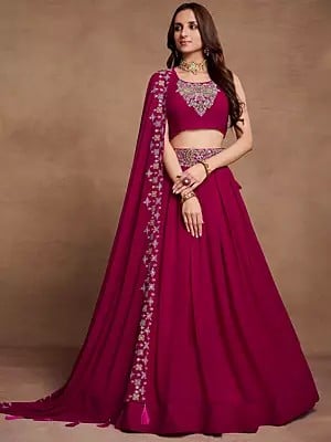 Purple-Red Georgette Thread & Sequins Embroidery Work Designe Lehenga Choli And Tassels Dupatta