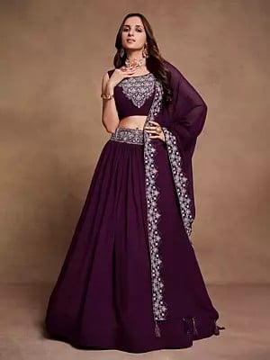 Eggplant Georgette Thread & Sequins Embroidery Work Lehenga Choli And Tassels Dupatta