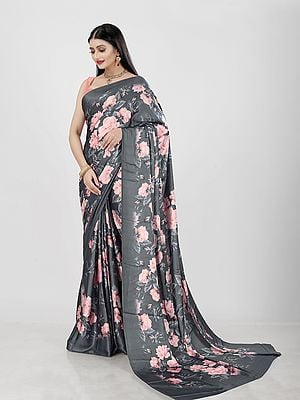 Pure Japan Satin Floral Digital Print Designer Saree With Blouse For Casual Occasion