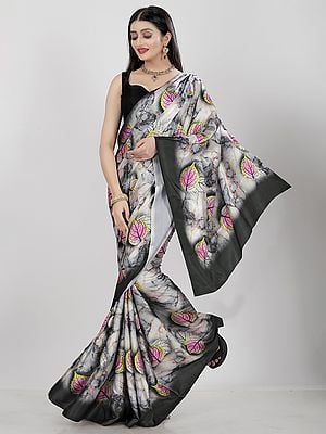 Flower Leaf Digital Print Pure Japan Satin Designer Saree With Blouse For Casual Occasion