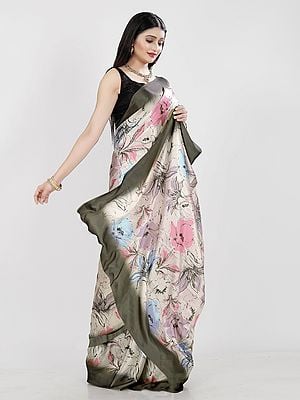 Satin Floral Digital Print Designer Saree With Blouse For Casual Occasion