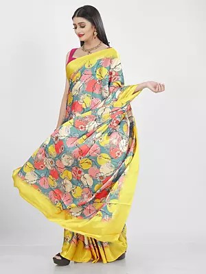 Multicolor Floral Digital Print Pure Japan Satin Designer Saree With Blouse For Casual Occasion