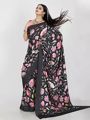 Floral Digital Print Pure Japan Satin Designer Saree With Blouse