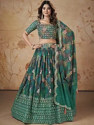 Teal-Green Faux Georgette Digital Print Zari & Sequins Embroidery Work Designer Lehenga Choli & Tassels Dupatta